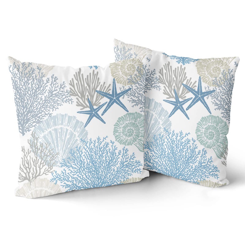 Sweetshow Nautical Coastal Throw Pillow Covers 18x18 Inch Summer Ocean Themed Seashell Coral Starfish Pillow Cases Set of 2 Soft Cotton Square Cushion Covers for Home Couch Sofa Patio Bedroom - Image 2